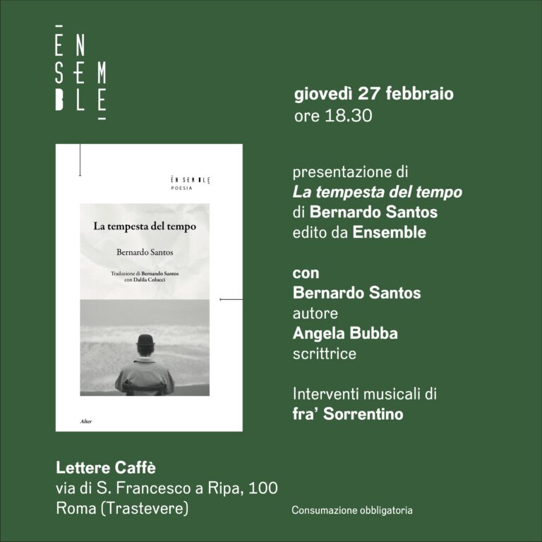 Folleto de la presentación del libro El vendaval del tiempo (La tempesta del tempo), de Bernardo Santos, en Lettere Caffé, Roma. Libro editado por la editorial Ensemble